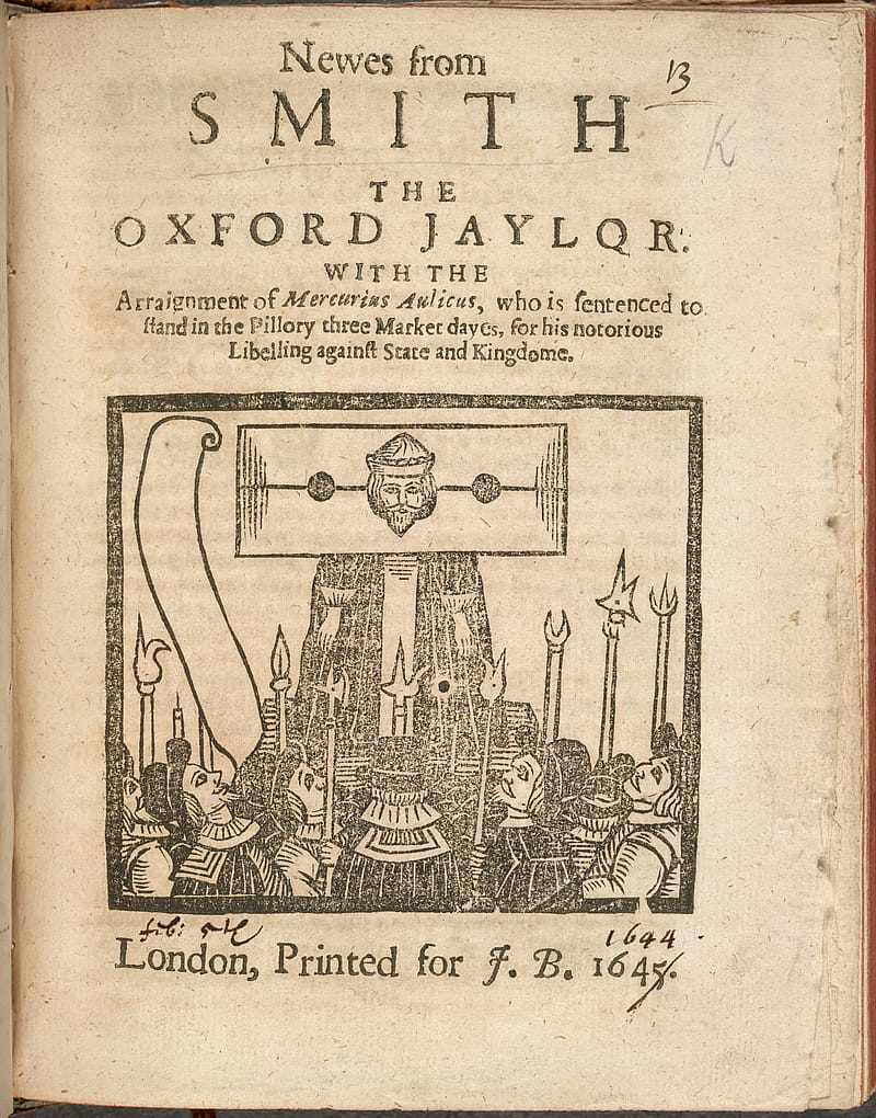 Woodcut of man in the pillory. Beneath him is a crowd of people with weapons. Above him is the text 'News from Smith the Oxford Jailor'.